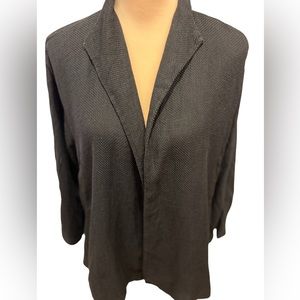Eileen Fisher Black Open Front Blazer Size Medium Linen Cotton Blend Textured